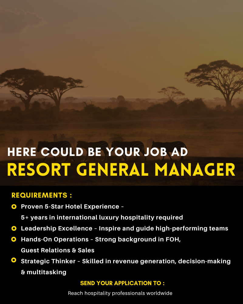 Hospitality job advertisement template – Resort General Manager position with international experience, leadership skills, and guest relations expertise. Post your job with Hogahero to reach global hospitality professionals.
