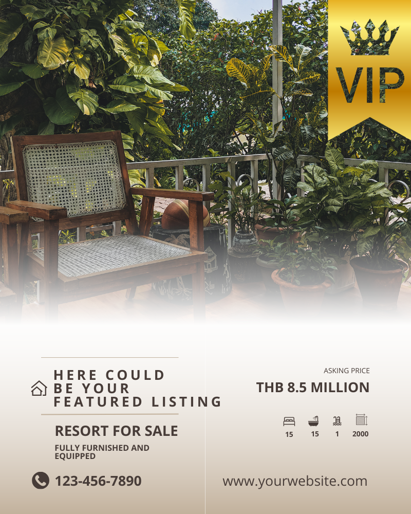 Featured hospitality listing in Thailand – resort for sale, fully furnished and equipped. Example template with VIP banner, asking price 8.5 million THB.