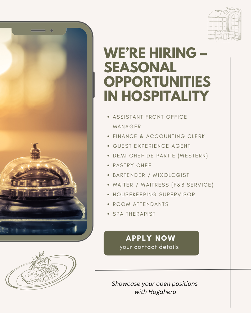 Seasonal hospitality job advertisement template. List of multiple open positions such as front office, kitchen, housekeeping, and service staff, with a green apply button and Hogahero branding.
