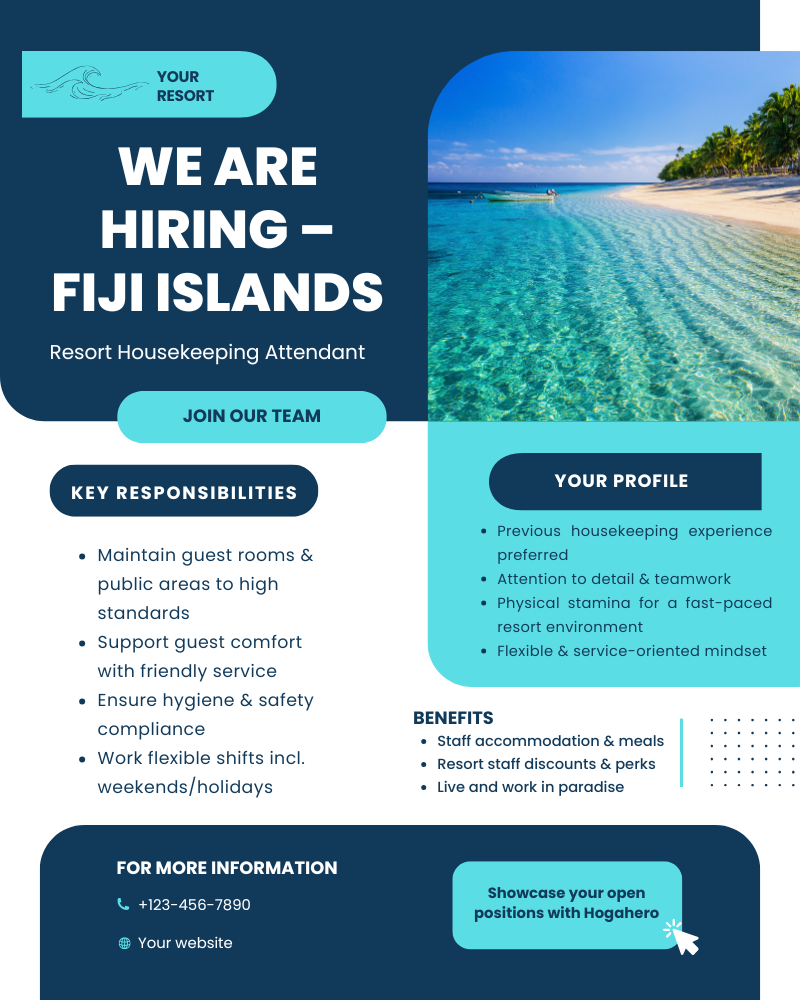 Hospitality job advertisement template for resort housekeeping attendants in the Fiji Islands. Highlights include key responsibilities, candidate profile, and staff benefits, with a tropical beach background and Hogahero branding.