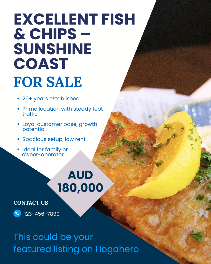 Advertisement template for a fish and chips restaurant for sale on Australia’s Sunshine Coast. Listing highlights include established business, prime location, loyal customer base, and affordable rent, with an asking price of AUD 180,000.