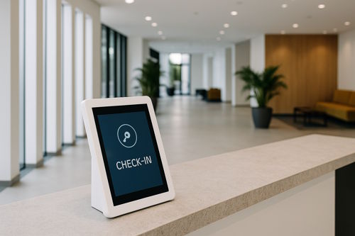 Self-service check-in kiosk in a modern hotel lobby