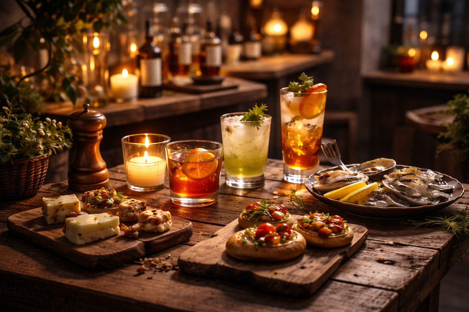 Upscale food and beverage setting with crafted cocktails and small plates on a rustic table, representing contemporary food and beverage culture in hospitality.