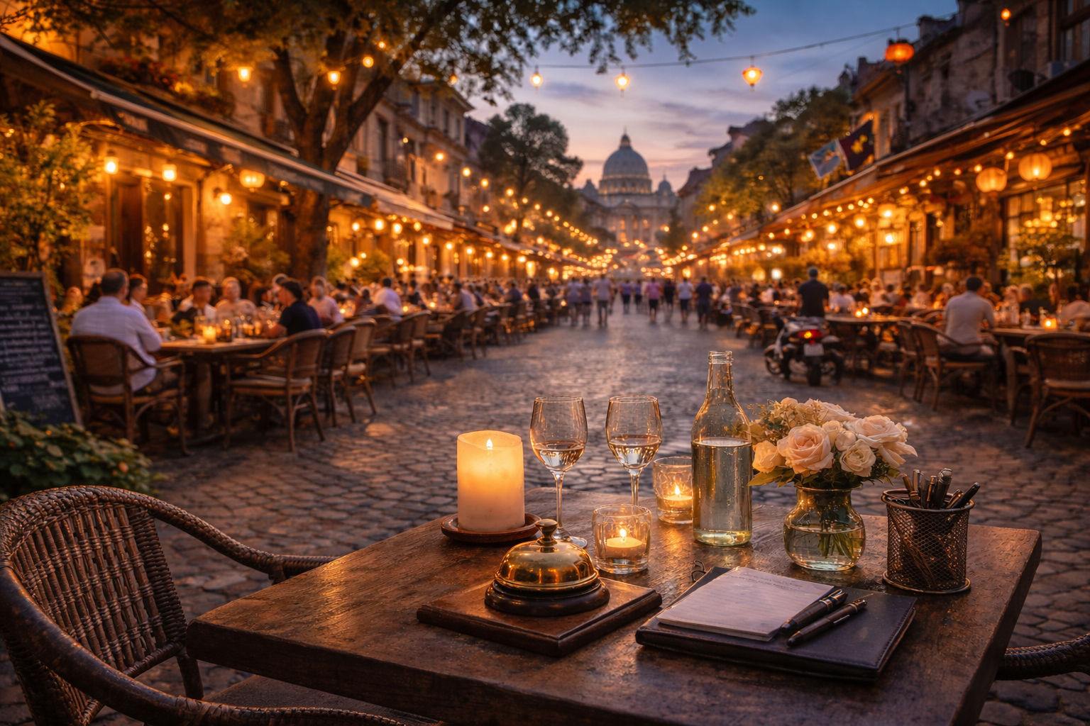 Evening street dining scene in a European city, with outdoor restaurant seating, warm lights and people enjoying urban hospitality, symbolizing global travel trends and cultural insights.