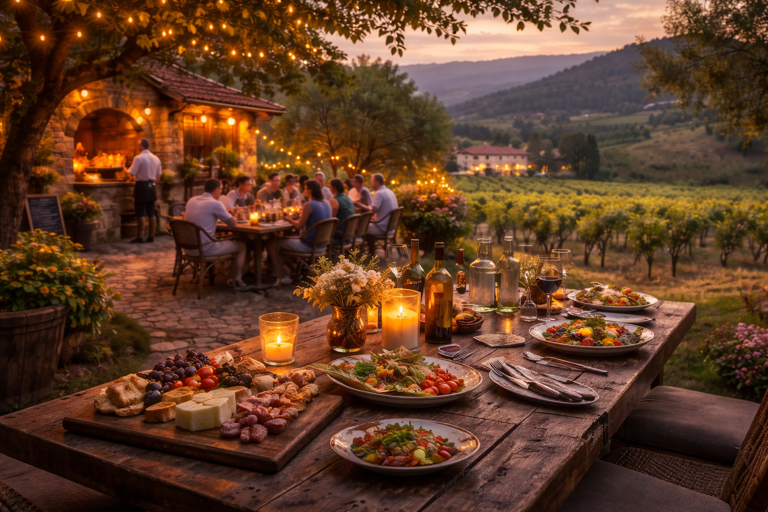 Outdoor dining experience in a rural setting, featuring local cuisine, shared tables and vineyard surroundings, symbolizing destination dining and culinary travel in hospitality.