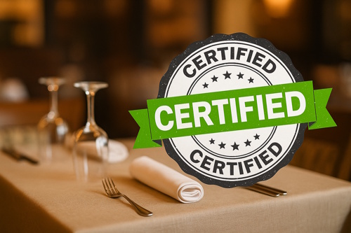 Certification badge on a restaurant table – concept of quality and trust in hospitality