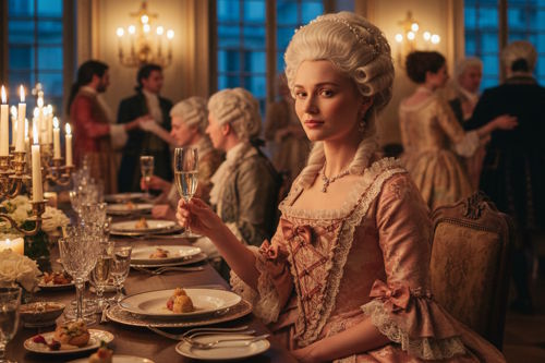 An immersive themed dining experience featuring guests in elaborate 18th-century baroque costumes at a candlelit banquet table, illustrating storytelling and experiential hospitality.