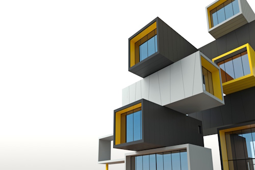 Modern modular building made from stacked container units with large windows and colorful accents, representing a contemporary container hotel design.