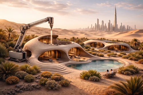 3D-printed eco-resort villas in a desert near Dubai with organic architecture, a small robotic printing arm, and a pool at sunset.